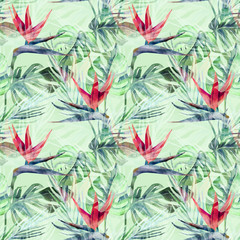 Exotic Plant Seamless Pattern. Watercolor Background with Strelitzia Flowers.