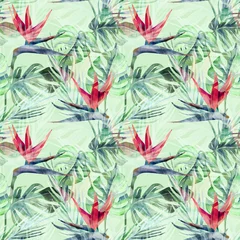 Papier Peint photo Lavable Paradis fleur tropicale Modèle Sans Couture De Plantes Exotiques. Fond d& 39 aquarelle avec des fleurs de Strelitzia.