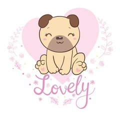 Cute puppy pug on a white background wants to play, vector card
