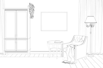 Sketch of the cozy living room in a modern classic style. Plant on a bookcase, horizontal poster, armchair with plaid, a table, lamp, curtains, and carpet. Front view. 3d render