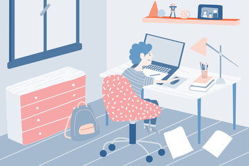 A vector illustration of a kid studying and doing his homework in his bedroom at home