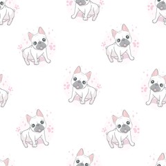 Obraz na płótnie Canvas Seamless pattern with cute dogs on blue. Background for fabric, textile design, wrapping paper or wallpaper. French bulldog