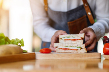 Closeup image of a female chef cooking and holding a piece of whole wheat sandwich in kitchen