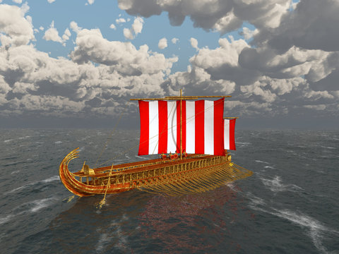 Antikes griechisches Ruderkriegsschiff im offenen Meer