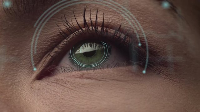 Face id. Facial recognition, female eye close up shot. Technological 3d eye scan. Augmented reality.