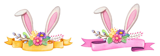 Easter bunny ears with beautiful flowers and banner. Cute watercolor illustration isolated on white background. Happy Easter holiday design elements.