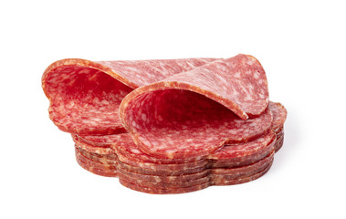 Slices of salami on a white background.