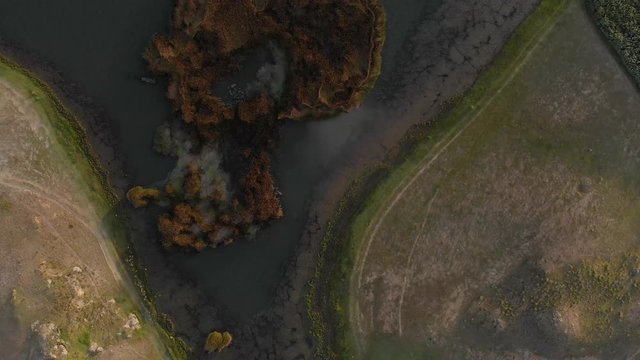 Wilcacocha lake in huaraz, peruvian andes, totora skull, cenital shot.
