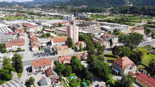Aerial drone forward establishing shot of buildings, Golovec, Slovenia