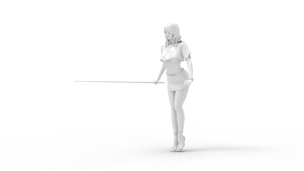 3D rendering of a sexy girl holding a pool game stick high heels isolated