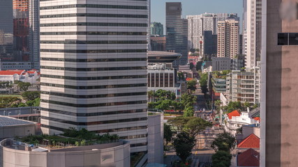 Obraz na płótnie Canvas A beautiful morning panorama with Marina Bay area and skyscrapers city skyline aerial timelapse.