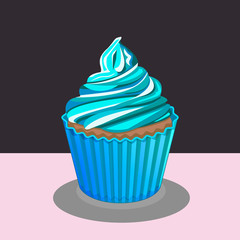 cupcake with blue frosting. vector illustration.
