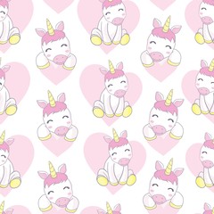 Vector pattern with cute unicorns, clouds,rainbow and stars. Magic background with little unicorns.