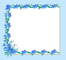 Painted frame with blue flowers and leaves. Border, background. Greeting card . Place for text.