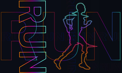 Running man. Silhouettes people with lines. Minimal cover design. Sport marathon with run. Athlete international race. Background text words. Vector illustration