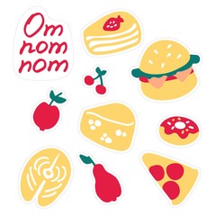 Set of stickers of delicious food. Variety of dishes. Hand-drawn icons. Inscription Om nom nom.