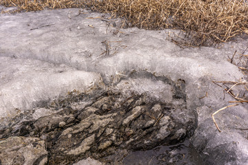 frozen rocks stick out from under the ice