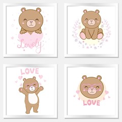 Vector illustration of cute little Teddy bear holding red heart.