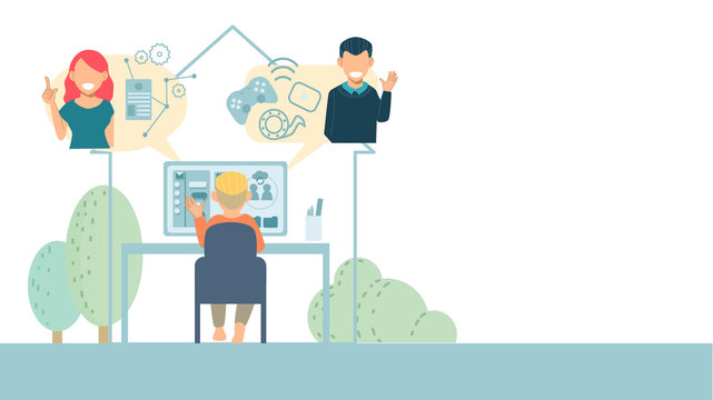Illustration flat design infographic conceptual of stay connect and working from home  and social distancing as the art show you can work and play and have fun time with your friends while you at home