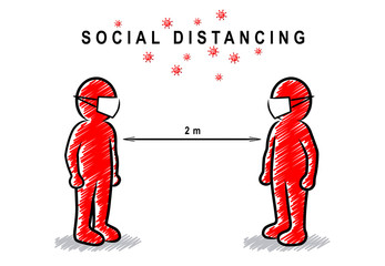 Two People wearing masks and keeping two meters of social distance to avoid virus spread / red hatched vector drawing