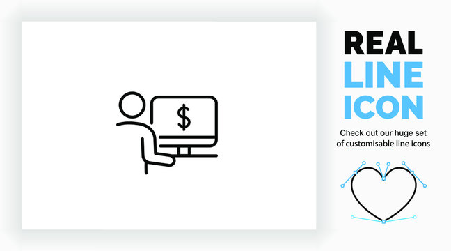 Editable real line icon of a stick figure person at his desk on a computer checking his money $ balance in online banking system in modern black lines on a clean white background as a eps vector file