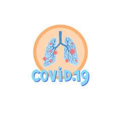 covid-19 icon - human lungs affected by the virus and hand lettering inscription,