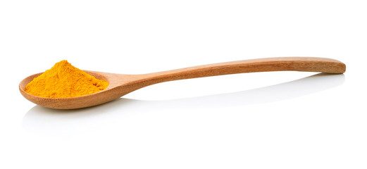 Turmeric powder in a wooden spoon on a white background.