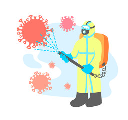 a man in overalls disinfects fight against covid-19, coronavirus 2019-nCoV pandemic protection