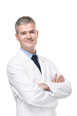 Confident male doctor or pharmacist in white lab - 334958947