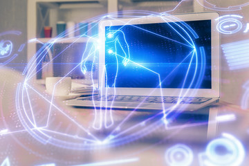 Desktop computer background and education theme drawing. Double exposure. Study concept.