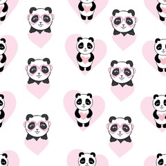 Seamless pattern with cute hand drawn panda' heads. Animal tiling background.