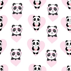 Fototapeta premium Seamless pattern with cute hand drawn panda' heads. Animal tiling background.