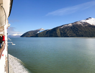 Breathtaking landscape and scenery with mountains, glaciers and fjords on sunny day during cruising...
