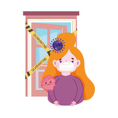 covid 19 coronavirus pandemic, girl with prevent mask sick in quarantine