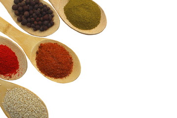  Five different spices on a white isolated background