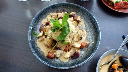 wild boar stew, bacon, potatoes and mint