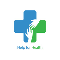 Help for health icon logo vector graphic design. Helping hands inside medical cross sign.