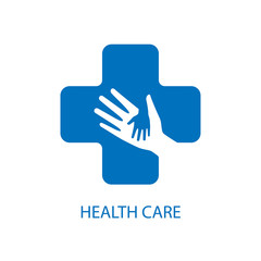 Health care icon logo vector graphic design. Helping hands inside medical cross sign.