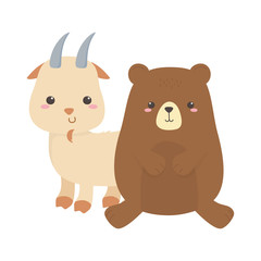 cute little bear and goat cartoon animal isolated design