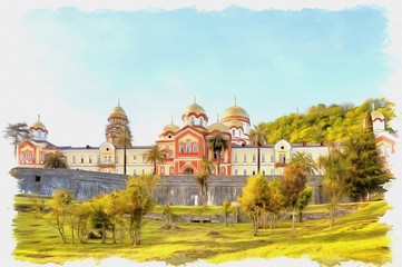 Abkhazia. New Athos Simon the Zealot Monastery. Imitation of a picture. Oil paint. Illustration