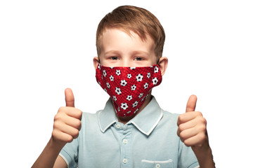 A worried child wear DIY protective face mask to prevent infection or pollution. COVID-19 struggle...
