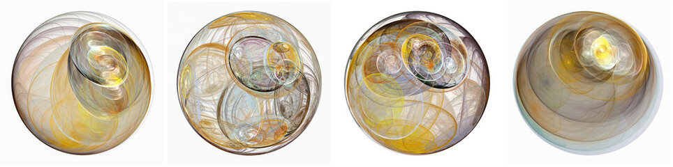 Set of transparent yellow balls on a white background. Inside the balls visible air turbulence, the balls rotate. 3D A fractal image generated on a computer.