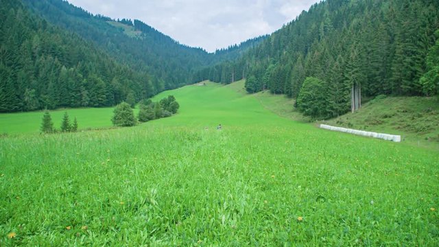 Wide angle left side panning shot of a guy and girl walking in the beautiful grasslands of Topla Valley, Crna na Koroskem during the day
