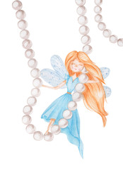  fairy on pearl beads.  Watercolor Fairy on a swing. Girl in a blue dress. Cartoon cute illustration. Fairy tale illustration.