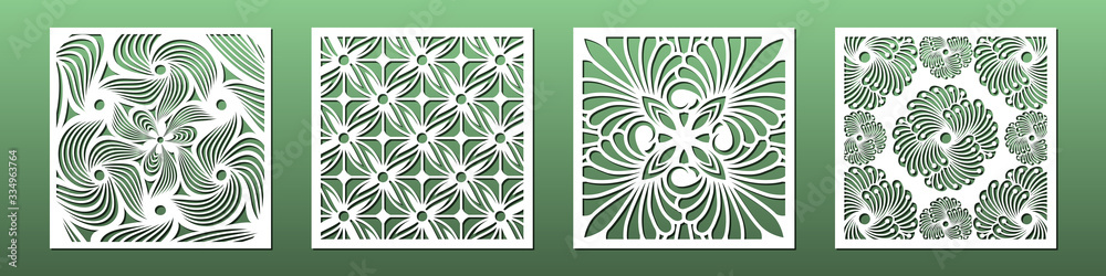 Poster laser cut template set, abstract geometric pattern. panel decor for room interior design. wood, glas