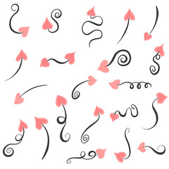 Collection of Swirl Drawn Love Arrows With Pink Hearts