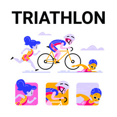 vector cartoon flat style triathlon illustration and icon set