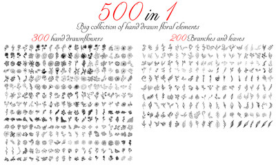 Huge outline collection of 500 hand-drawn floral elements. Big collection of 300 hand-drawn flowers and 200 brunches and leaves. Big floral botanical set isolated on a white background