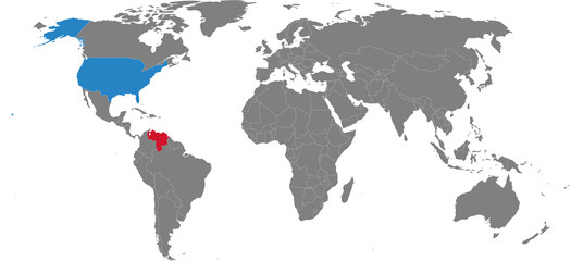 Venezuela, USA countries highlighted on world map. Gray background. Business concepts, trade, transportation, economic.