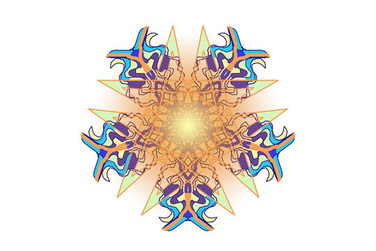 Decorative geometric mandala with orange ten-pointed star. Modern abstract blue and yellow ornament